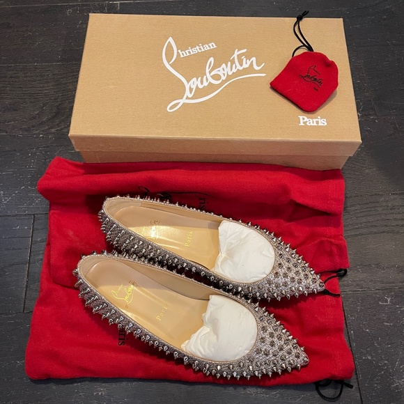 NEW Christian Louboutin follies Spikes Flats glitter diams Size 38.5 Full set - Picture 1 of 13